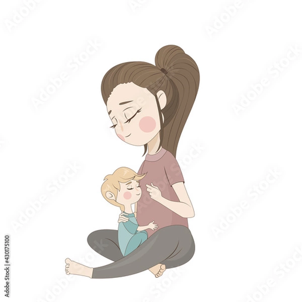 Fototapeta vector illustration of a mom hugging her little son