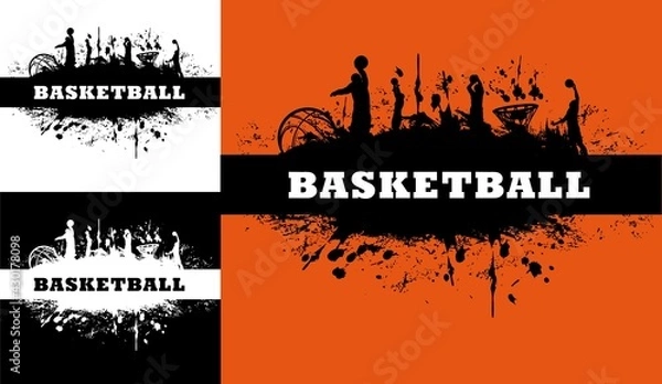 Fototapeta Basketball tournament grunge background with dirt or ink vector splatters or splashes, silhouettes of players jumping with ball, doing slam dunk shot in basket. Basketball sport tournament banners