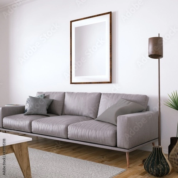 Fototapeta Scandinavian design mid-century interior with Cozy Couch, Wooden Floors and House Plants. Empty Frame Mockup, Art and Print Mockup.