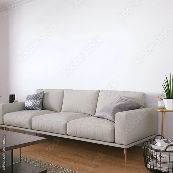 Fototapeta Scandinavian design mid-century interior with Cozy Couch, Wooden Floors and House Plants. Empty Walls Mockup, Art and Print Mockup.
