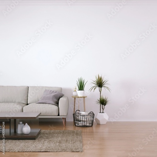 Fototapeta Scandinavian design mid-century interior with Cozy Couch, Wooden Floors and House Plants. Empty Frame Mockup, Art and Print Mockup.