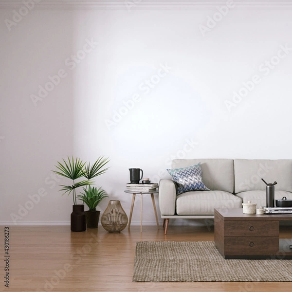 Fototapeta Scandinavian design mid-century interior with Cozy Couch, Wooden Floors and House Plants. Empty Frame Mockup, Art and Print Mockup.
