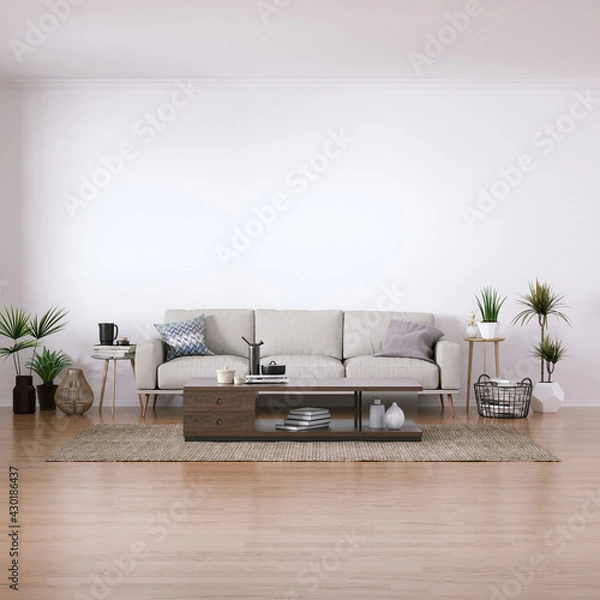 Obraz Scandinavian design mid-century interior with Cozy Couch, Wooden Floors and House Plants. Empty Frame Mockup, Art and Print Mockup.