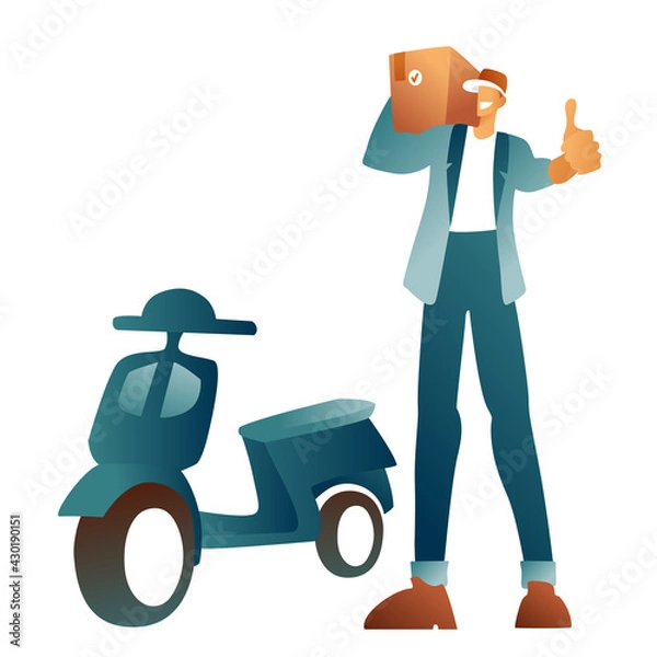 Fototapeta A courier in uniform and cap holds a box with delivery, an approving gesture, the best courier service. Fast delivery of ready meals and products to your home. A man with a parcel next to a scooter. 