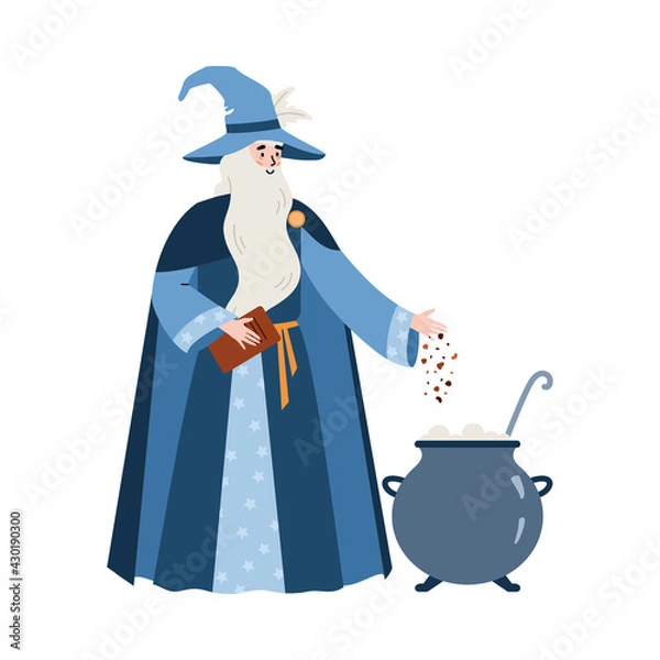 Fototapeta Medieval wizard brewing magic potion in pot, flat vector illustration isolated.