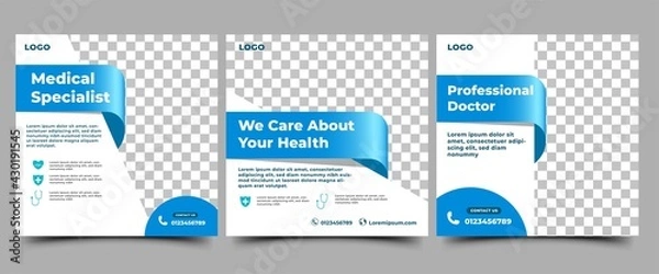 Fototapeta Medical social media post template. Modern banner design with blue color ribbon decoration and place for the photo. Suitable for social media, websites, flyers, and banners.