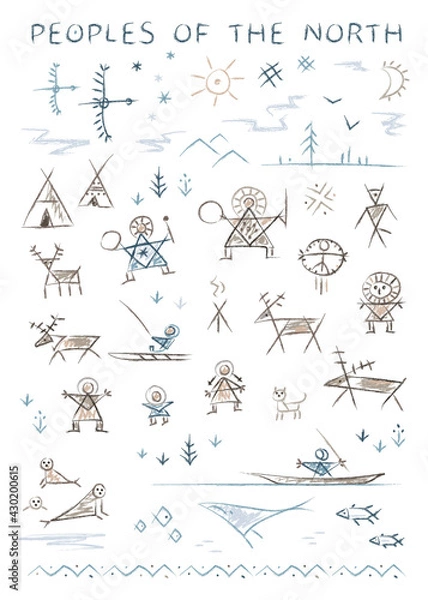 Fototapeta Stylized primitive ornamental depictions of the life of the inhabitants of the north