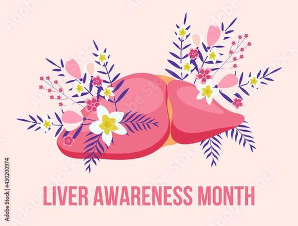 Fototapeta Liver awareness moth concept vector. Medical event is celebrated in October. Tiny doctors treat the liver. Trendy boho flower background