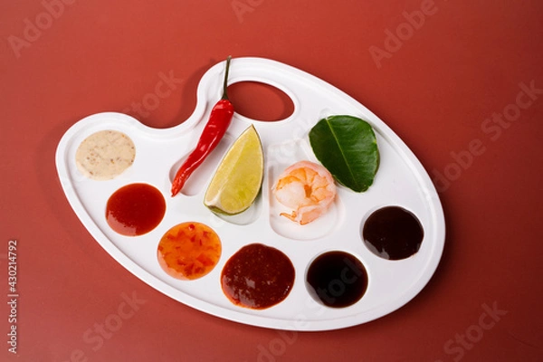 Obraz On a red background there is a white palette in which sauces are poured instead of paint: cheese, garlic, barbecue, sweet and sour. There are a slice of lime, a lime leaf, a shrimp, a chili pepper.