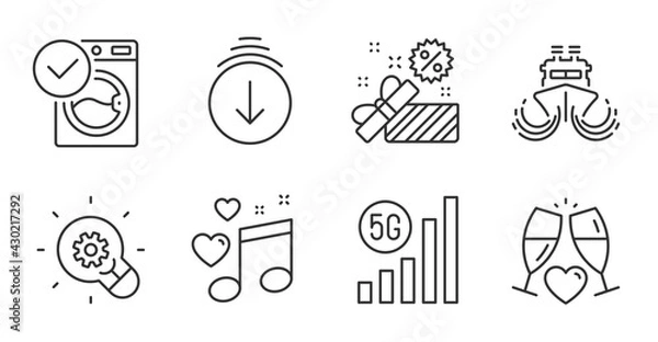Fototapeta Love music, Sale and Washing machine line icons set. Innovation, Wedding glasses and Ship signs. 5g wifi, Scroll down symbols. Musical note, Gift box, Laundry. Business set. Quality line icons. Vector