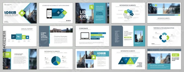 Fototapeta Presentation slide layout background. Blue and green design brochure template. Use in presentation, flyer, leaflet, banner, corporate report, annual report, marketing, advertising.