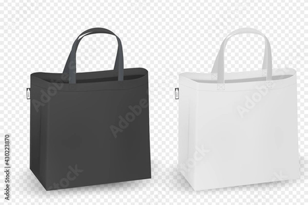 Fototapeta Cotton bags, RPET realistic corporate identity mock-up items template transparent background. Vector illustration isolated.