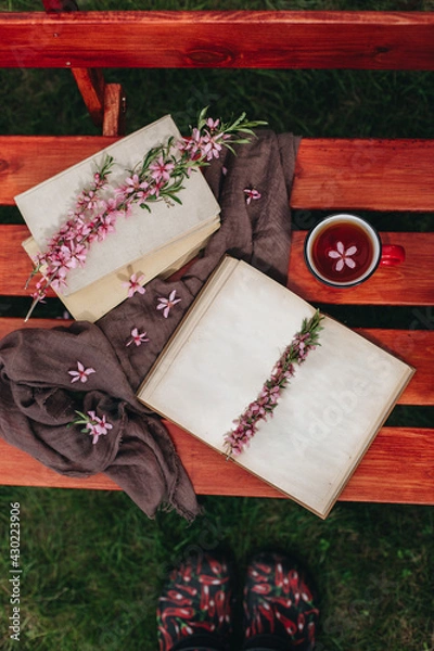 Obraz On the bench is an open book with empty pages, a stack of books and almond tree flowers. Next to it is a red cup of tea with a flower. On the green grass, you can see shoes with a design. Read a book 