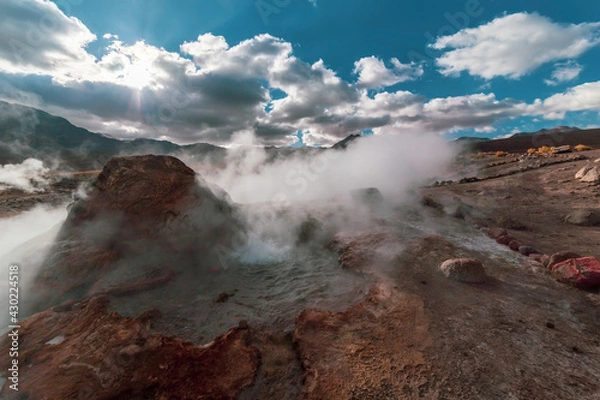 Fototapeta El Tatio geysers at sunrise, Atacama desert, Chile.
