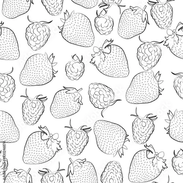Fototapeta Seamless background with raspberry and strawberry. Black and white, linear. 