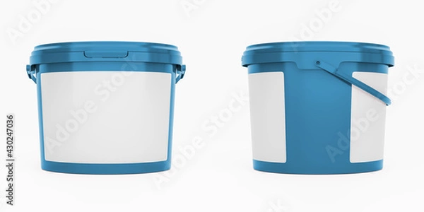 Fototapeta Blue 3,5l plastic paint can / bucket / container with handle and blank label, isolated on white background.