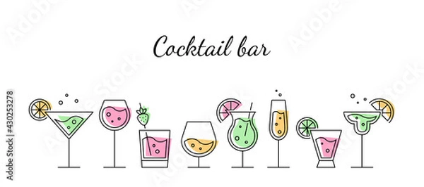 Obraz Glasses with Alcoholic Cocktails, Champagne, Wine and Cognac. Cocktail bar concept. Vector Black Thin Linear Contour. Trendy design on a white background. Illustration