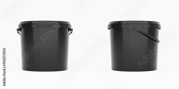 Fototapeta Black 5l plastic paint can / bucket / container with handle and no label, isolated on white background.