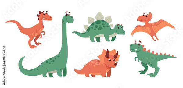 Obraz Funny set of dinosaurs. Stegosaurus, triceratops, brachiosaurus, brontosaurus, velociraptor, pteranodon, tyrannosaurus rex. The dinos are smiling cheerfully. Collection of prehistoric animals. Vector