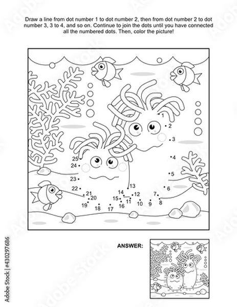 Fototapeta Connect the dots picture puzzle and coloring page, underwater life themed, with anemons, fish, seabed, algae. Answer included.
