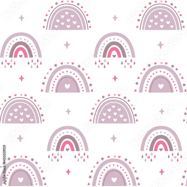 Fototapeta Seamless celestial cute vector pattern with rainbows, rain, stars, hearts