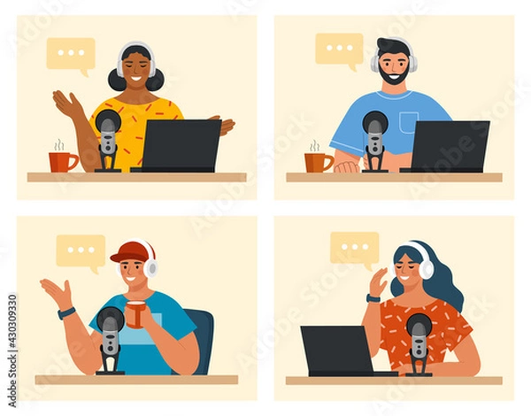 Fototapeta Collection of radio hosts sitting with headphones and microphones recording audio podcast in studio. Modern concept of radio broadcasting. Flat vector illustration.