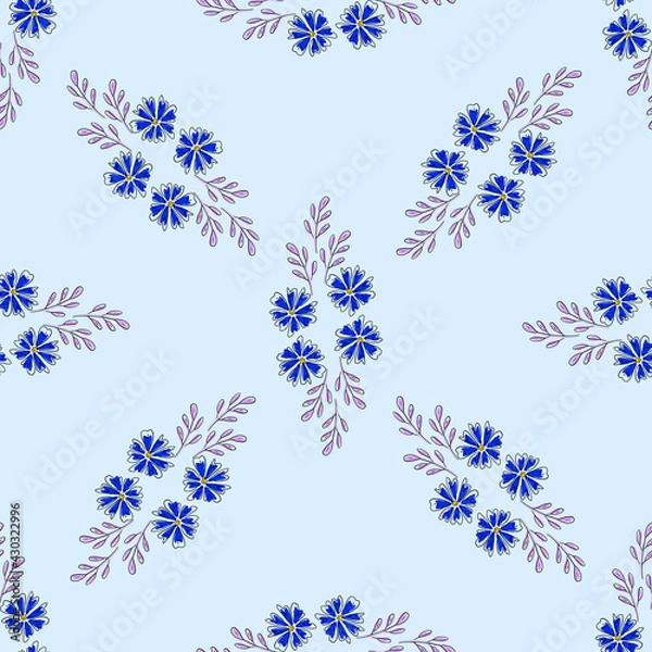 Fototapeta Vector seamless pattern with floral, repeating element. Pattern with a blue flower on a blue background. Use in textiles, clothing, wallpaper, design, baby backgrounds, wrapping paper.