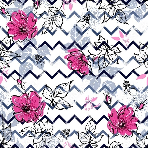 Fototapeta Seamless pattern with rosehip flowers and leaves. Zigzags in the background. Colorful vector illustration.