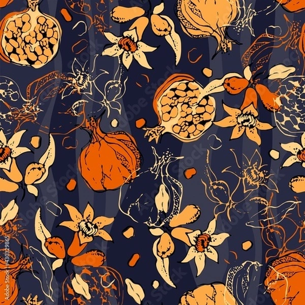 Fototapeta Seamless pattern with pomegranate flowers and fruits. Colorful vector illustration.