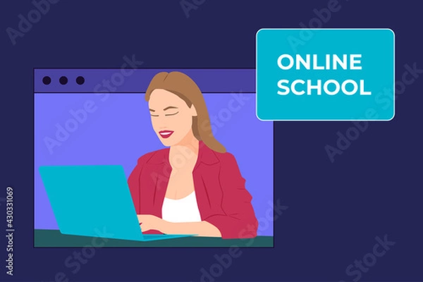 Fototapeta Young beautiful girl student studying in online school. Online classes and courses web banner
