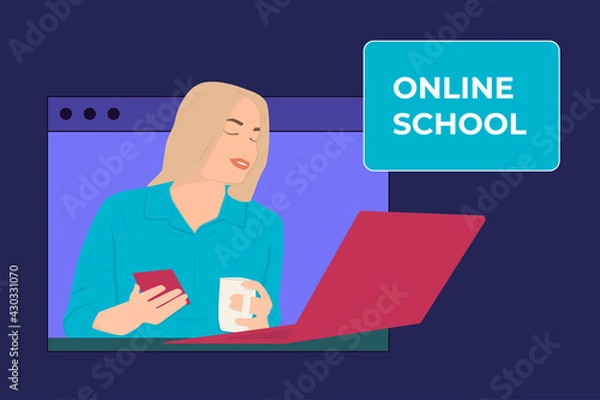 Fototapeta Young beautiful girl student studying in online school. Online classes and courses web banner