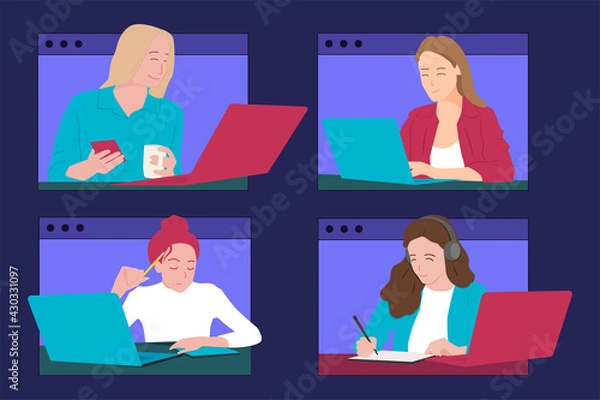 Fototapeta Set of flat illustrations for online learning and communication concept. Web banner for online courses 