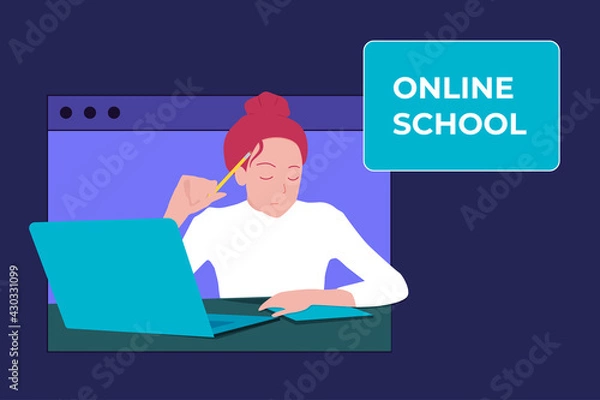 Fototapeta Young beautiful girl student studying in online school. Online classes and courses web banner