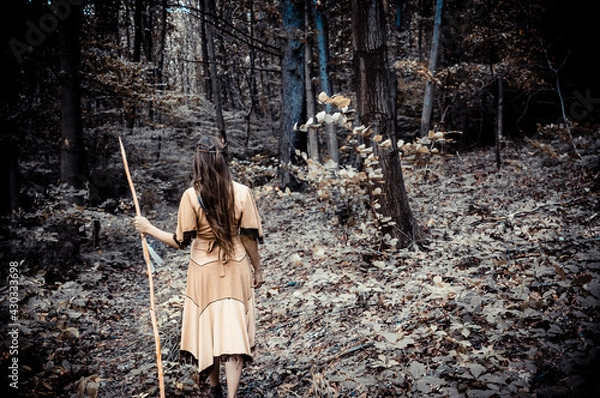 Obraz Apache tribe scout looking for tracks in the woods, beautiful native american female warrior looking for footprints in the forest, indian dress concept