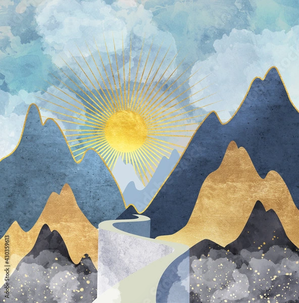Obraz Silhouettes of mountains with sun, clouds and stars. Abstraction of textured plaster with gold elements. Mural, wallpapers for interior printing