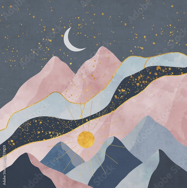 Obraz Silhouettes of mountains with sun, moon and stars. Abstraction of textured plaster with gold elements. Mural, wallpapers for interior printing