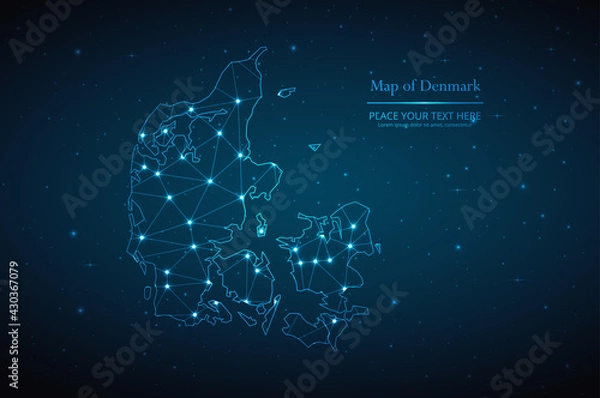 Fototapeta Abstract map of Denmark geometric mesh polygonal network line, structure and point scales on dark background. Vector illustration eps 10