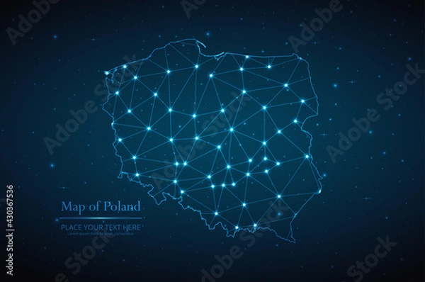 Fototapeta Abstract map of Poland geometric mesh polygonal network line, structure and point scales on dark background. Vector illustration eps 10