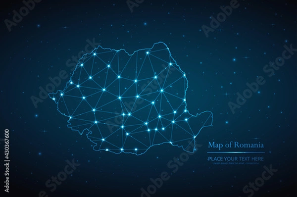 Fototapeta Abstract map of Romania geometric mesh polygonal network line, structure and point scales on dark background. Vector illustration eps 10