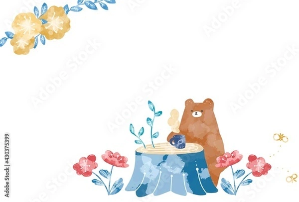 Obraz お花畑でお茶をするくまのフレーム