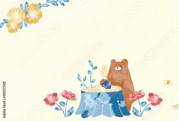 Obraz お花畑でお茶をするくまのフレーム