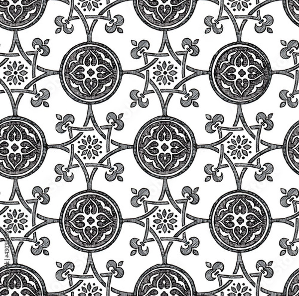 Fototapeta Black and white graphics in a medieval style. Seamless pattern hand-drawn pen