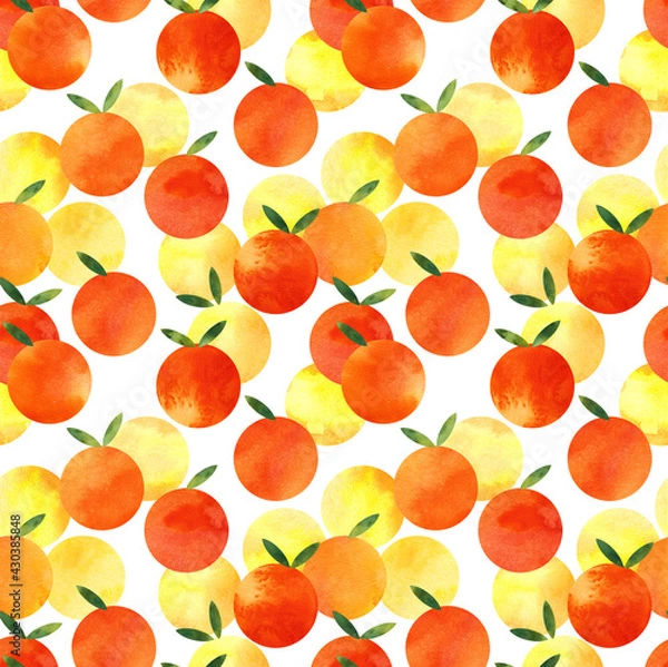 Fototapeta Seamless pattern of orange oranges drawn in watercolor