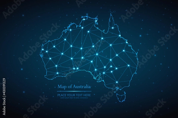 Fototapeta Abstract map of Australia geometric mesh polygonal network line, structure and point scales on dark background. Vector illustration eps 10