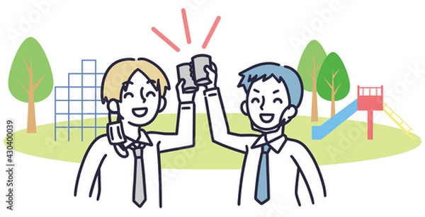 Fototapeta 公園で路上飲みをする男性　シンプル　イラスト