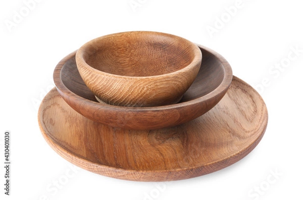 Fototapeta Empty clean wooden dishware isolated on white