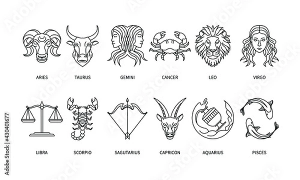Fototapeta set of horoscope symbol in twelve zodiac constellation. a flat line zodiac icons isolated on black background. astrology and mythology collection in vector.