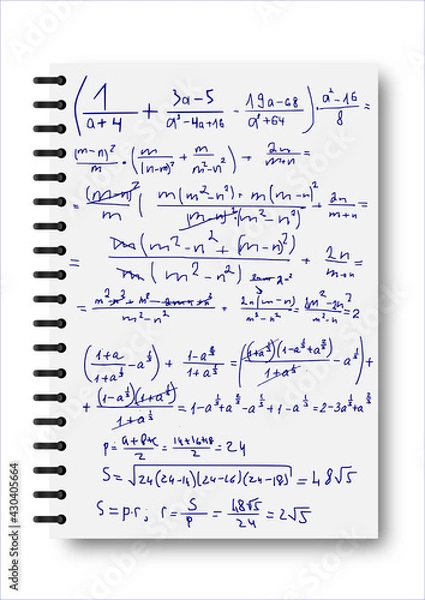 Obraz Ink scrawls on a white notebook. Notepad, formulas, shapes, geometry. The concept of education. Illustrations can be used to return to the school topic, algebra, natural sciences