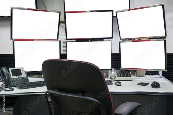 Fototapeta group of blank monitors and screen on security desk or control room for monitor process or stock data trading.