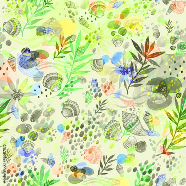 Fototapeta Seamless watercolor pattern seashells, pebbles, vacation by the sea. Beautiful print for textile and design. Colorful illustration of a summer weekend on the seashore, outdoor recreation, sun, ocean, 